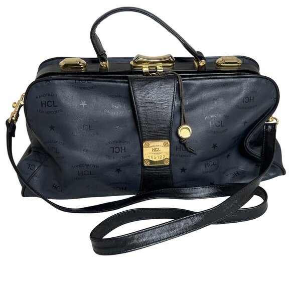 Vintage HCL Black Leather Doctor Bag Handcrafted Leather Goods Gold Hardware Top - Picture 1 of 14